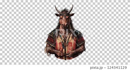 Anthropomorphic Bull In Traditional Attire. Cultural Symbolism And Fantasy Illustration Isolated On Transparent Background Anthropomorphic Bull In Traditional Attire. Cultural Symbolism And Fantasy Illustration Isolated On Transparent Background 124341129