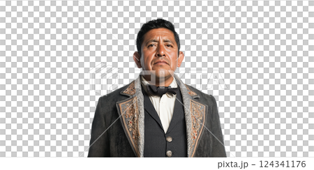 Man In Traditional Embroidered Suit With Bow Tie. Cultural Heritage And Fashion Isolated On Transparent Background Man In Traditional Embroidered Suit With Bow Tie. Cultural Heritage And Fashion Isolated On Transparent Background 124341176