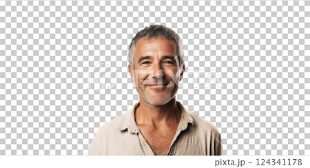 Smiling Mature Man In Casual Shirt. Portrait Of Confidence And Contentment Isolated On Transparent Background Smiling Mature Man In Casual Shirt. Portrait Of Confidence And Contentment Isolated On Transparent Background 124341178