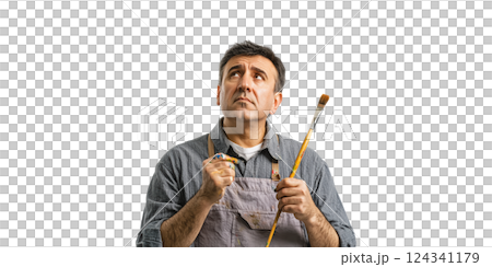 Male Artist In Apron Holding Paintbrush And Palette. Creative Inspiration And Artistic Expression Isolated On Transparent Background 124341179