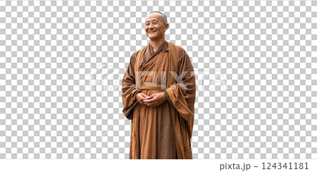 Buddhist Monk In Traditional Robe Smiling Peacefully. Spirituality And Inner Peace Isolated On Transparent Background Buddhist Monk In Traditional Robe Smiling Peacefully. Spirituality And Inner Peace Isolated On Transparent Background 124341181