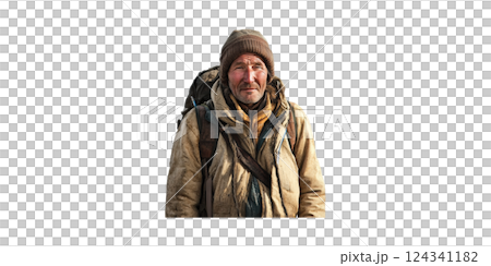 Rugged Traveler In Winter Gear. Outdoor Adventure And Survival Isolated On Transparent Background 124341182
