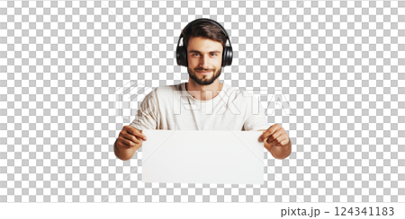 Man Wearing Headphones Holding Blank Sign. Music Enthusiast Promoting Message Isolated On Transparent Background 124341183