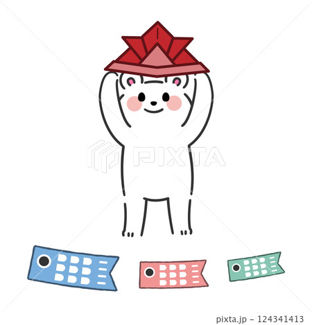 (こどもの日)折り紙の兜をかぶる可愛いクマと鯉のぼりのイラスト (こどもの日)折り紙の兜をかぶる可愛いクマと鯉のぼりのイラスト 124341413