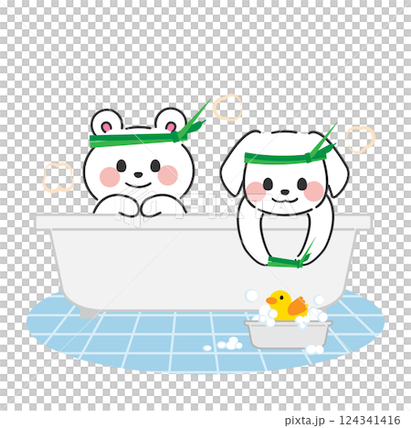 （こどもの日）菖蒲風呂にはいっているクマとイヌの可愛いイラスト 124341416