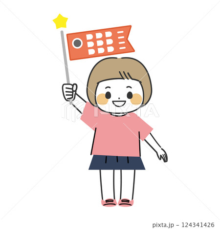 (こどもの日)鯉のぼりを持つ女の子の可愛いイラスト (こどもの日)鯉のぼりを持つ女の子の可愛いイラスト 124341426