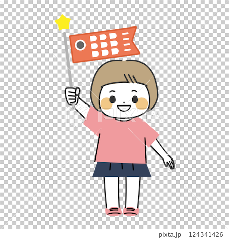 （兒童節）拿著鯉魚旗的女孩的可愛插圖 124341426
