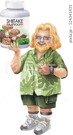 Watercolor man in a Hawaiian shirt holds a large bottle of Shiitake mushroom supplements, smiling and giving a thumbs-up 124341435