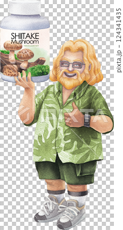 Watercolor man in a Hawaiian shirt holds a large bottle of Shiitake mushroom supplements, smiling and giving a thumbs-up 124341435