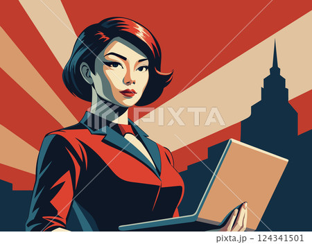 Powerful asian business woman with laptop, in retro poster style. Confident asian businesswoman 124341501
