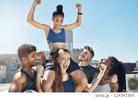 Sports, team and success celebration for winner group with happy smile and piggy back ride cheer. Achievement, competition and victory of athlete people on city rooftop celebrating. 124341505