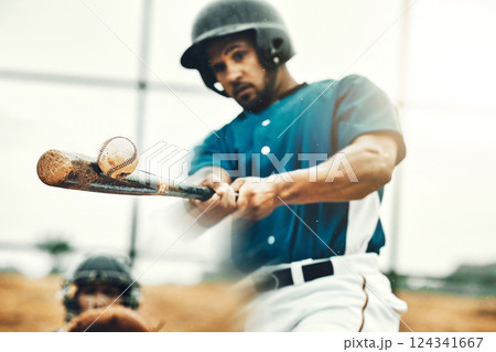 Sports, baseball and bat with a man athlete hit a fast ball and score during a game outdoor on a pitch. Sport, fitness and exercise with a strong male player on a field for training or a match Sports, baseball and bat with a man athlete hit a fast ball and score during a game outdoor on a pitch. Sport, fitness and exercise with a strong male player on a field for training or a match 124341667