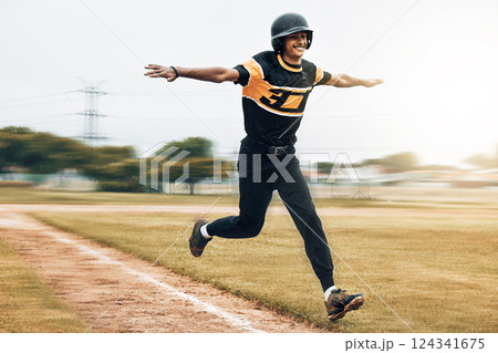 Baseball, man and running celebration on baseball field after scoring homerun. Exercise, fitness and winning baseball player from India celebrating success on grass field after training match. 124341675