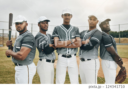 Baseball, team and sports men portrait on a baseball field for training practice, workout or fitness exercise outdoors. Group of athlete players ready to play a game or match in a Chicago stadium 124341710
