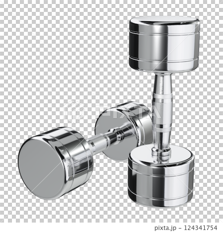 Two blank Round Dumbbells, chrome weightlifting gym equipment top view Two blank Round Dumbbells, chrome weightlifting gym equipment top view 124341754
