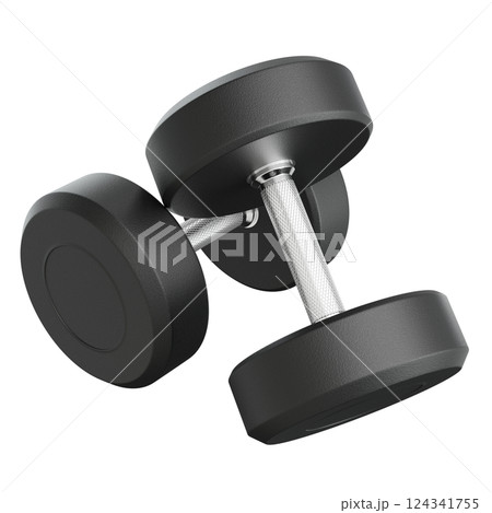 Two Blank Round Rubber Dumbbells, weightlifting gym equipment top view Two Blank Round Rubber Dumbbells, weightlifting gym equipment top view 124341755