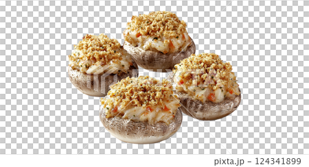 Stuffed Mushrooms With Breadcrumb Topping. Gourmet Appetizer For Entertaining And Parties Isolated On Transparent Background 124341899