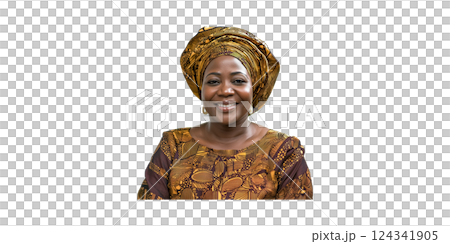 Smiling Woman In Traditional African Attire. Cultural Heritage And Fashion Expression Isolated On Transparent Background 124341905
