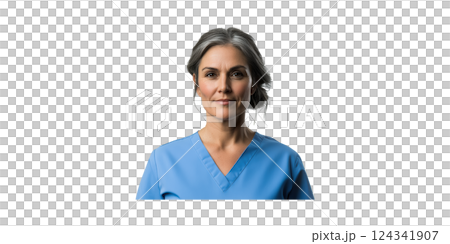 Confident Female Nurse In Blue Scrubs. Professional Healthcare Worker Portrait Isolated On Transparent Background 124341907