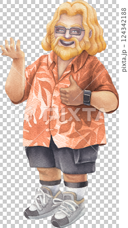 A cheerful bearded Watercolor men in a Hawaiian shirt holding something in his hand, smiling and giving a thumbs-up A cheerful bearded Watercolor men in a Hawaiian shirt holding something in his hand, smiling and giving a thumbs-up 124342188