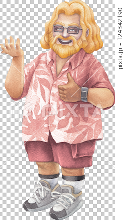A cheerful bearded Watercolor men in a Hawaiian shirt holding something in his hand, smiling and giving a thumbs-up 124342190