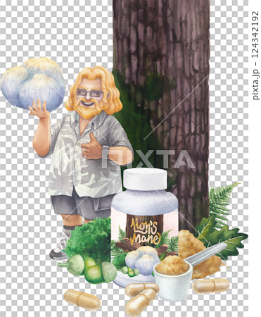 A bearded watercolor man in a Hawaiian shirt holds a large Lion's Mane mushroom, supplement bottles nearby 124342192