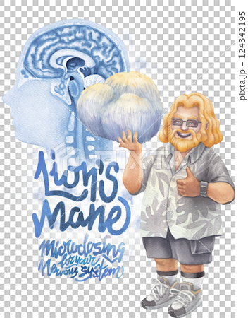 Watercolor man holds a Lion's Mane mushroom with a human brains with nervous system behind Watercolor man holds a Lion's Mane mushroom with a human brains with nervous system behind 124342195