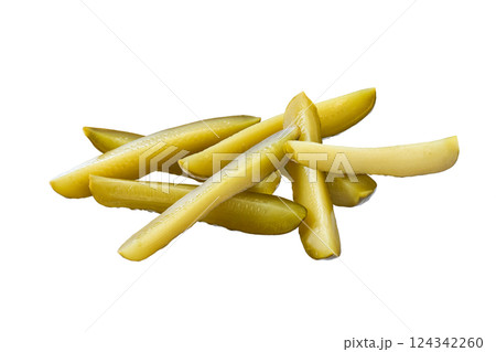 Pile of marinated gherkins cut into wedges isolated on a white background. Pile of marinated gherkins cut into wedges isolated on a white background. 124342260
