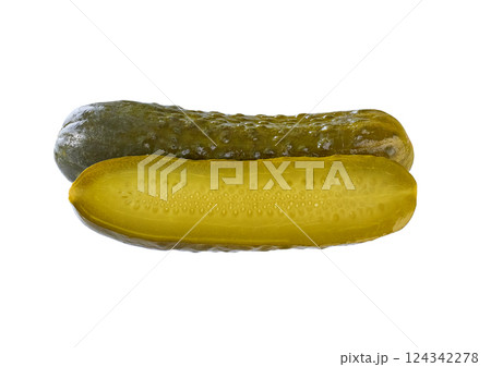 whole and halved pickled cucumber isolated on a white background. whole and halved pickled cucumber isolated on a white background. 124342278