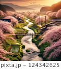 田舎の川沿いの桜 124342625