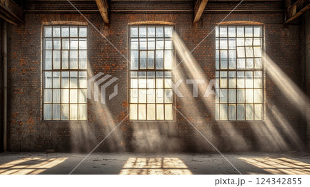 廃工場の窓から射す光と影のコントラスト 廃工場の窓から射す光と影のコントラスト 124342855