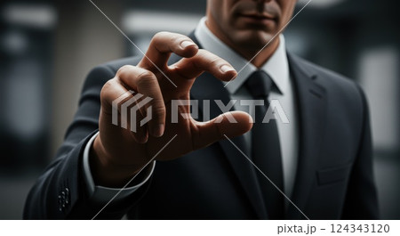 businessman pressing virtual buttons on gray businessman pressing virtual buttons on gray 124343120