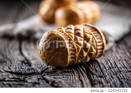 Oscypki - Traditional salty smoked cheese made from sheep's milk from the Polish region of Zakopane under the High Tatras 124343192