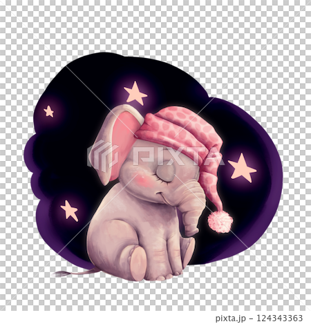 Cute little sleeping elephant with a sleeping cap, hand-drawn animal illustration 124343363