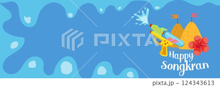 A colorful Songkran festival poster in cartoon style with water splashes, temple, and traditional elements. Great for banners, ads, and event promotions 124343613
