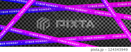 Cyber Monday gradient tape banner. Neon futuristic warning stripe with glowing text on transparent background. Promo design for online sales, digital ads. Vector illustration Cyber Monday gradient tape banner. Neon futuristic warning stripe with glowing text on transparent background. Promo design for online sales, digital ads. Vector illustration 124343949