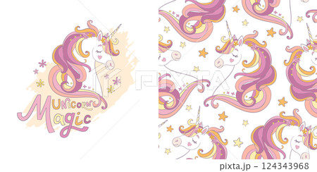 Character and seamless pattern with unicorn vector illustration 124343968
