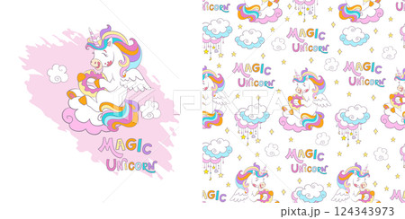Unicorn character and seamless pattern vector illustration 124343973