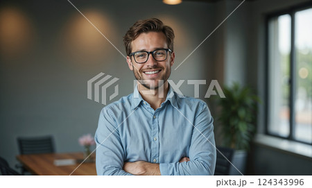 Portrait, business and man with arms crossed, glasses and happiness with startup, smile or confidence. 124343996