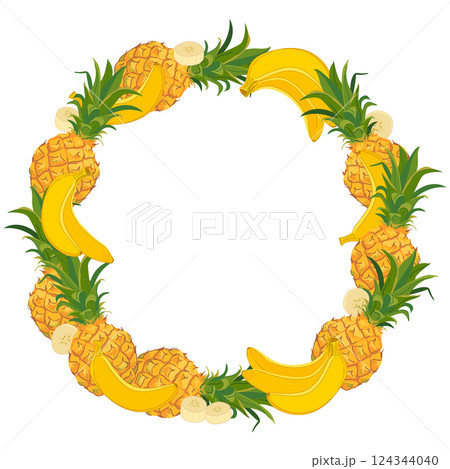 Tropical round frame with bananas and pineapples. Vector wreath with tropical fruits. Beach party template with text place. Tropical round frame with bananas and pineapples. Vector wreath with tropical fruits. Beach party template with text place. 124344040