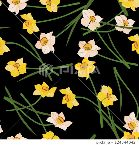 Seamless pattern with daffodils on black background. Vector yellow and white spring flowers, Mother's Day gift. Colorful flat vector illustration for wedding decoration. Illustration of narcissus. 124344042