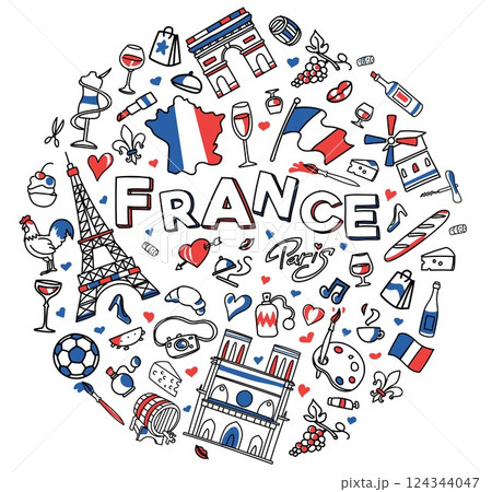 round France doodles, clip art, cartoon decorative elements collection set icon. vector illustration 124344047