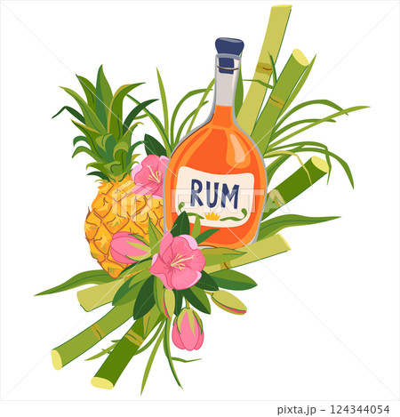 Vector sticker with bottle of rum, pineapple and flowers. Tropical vacation emblem. Illustration for beach bar menu. Cruise vacation, summer holidays, party, cafe. Vector sticker with bottle of rum, pineapple and flowers. Tropical vacation emblem. Illustration for beach bar menu. Cruise vacation, summer holidays, party, cafe. 124344054