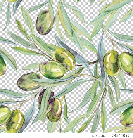 Watercolor seamless pattern of olive branches. Retro style background. 124344057