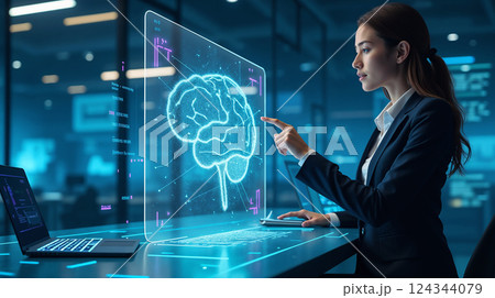 A woman in a business suit working on a laptop in a modern office. She interacts with a holographic image of a brain surrounded by digital data and diagrams symbolizing artificial intelligence and 124344079