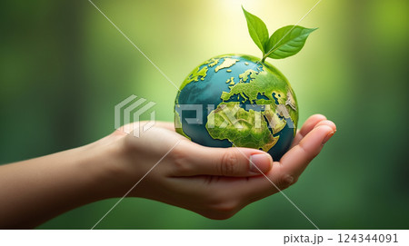 Hand of human holding green earth with the icon of Environment for ESG, co2, and net zero.World sustainable environment, save clean planet 124344091