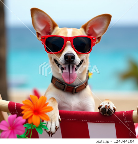 chihuahua dog at the beach having a a relaxing time on a hammock while sun 124344104