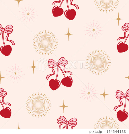 Cute coquette cherry ribbon seamless pattern Cute coquette cherry ribbon seamless pattern 124344188
