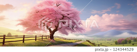 Pink cherry blossoms road at Asahiyama Memorial Park in Sapporo, Hokkaido, Japan 124344529