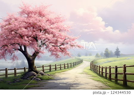 Pink cherry blossoms road at Asahiyama Memorial Park in Sapporo, Hokkaido, Japan 124344530